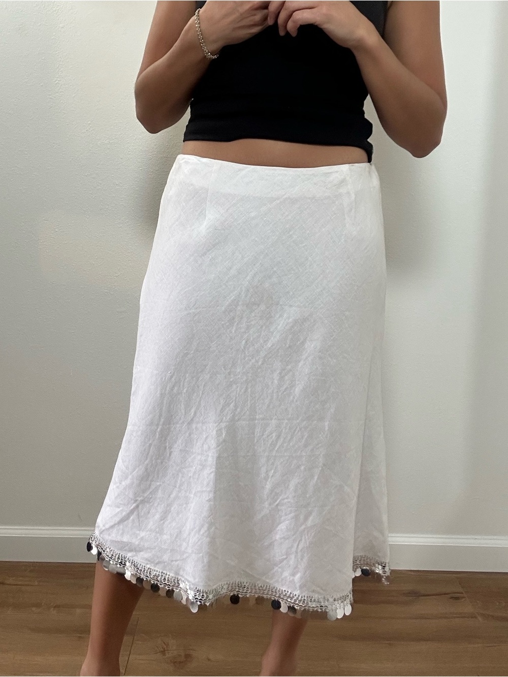 Richard Malcolm Irish Linen White Midi Skirt with Silver Sequin Trim Size 10 - Picture 2 of 14